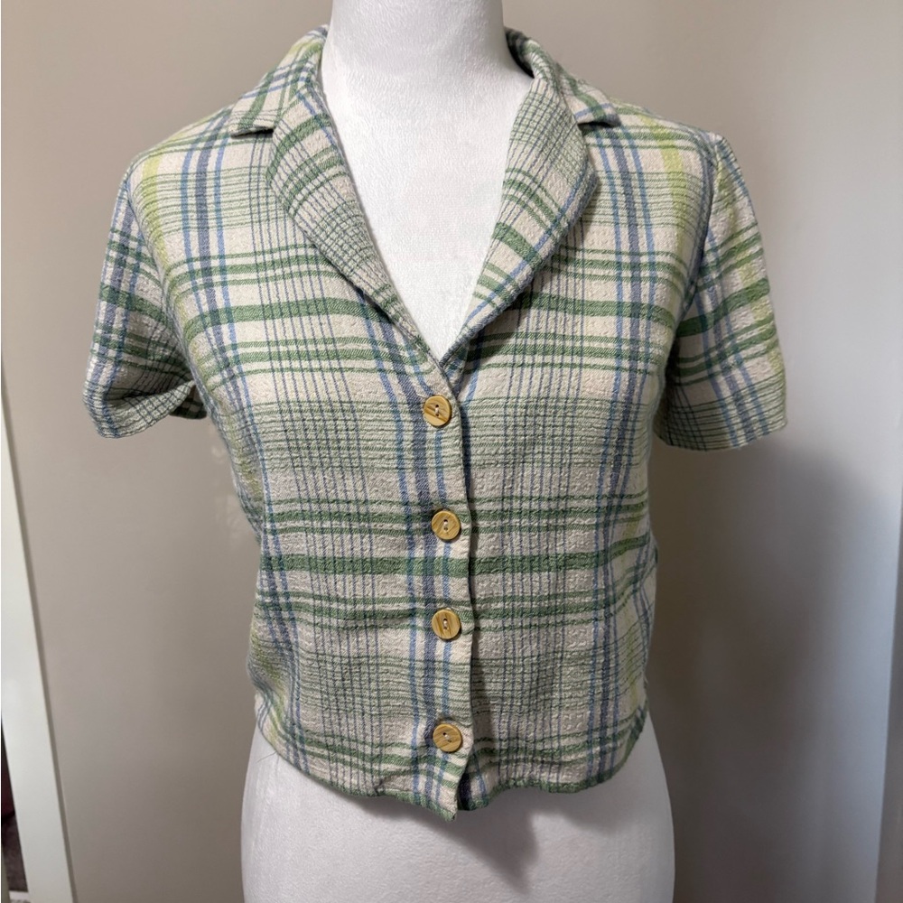 Green and Blue Plaid Button-Up Shirt